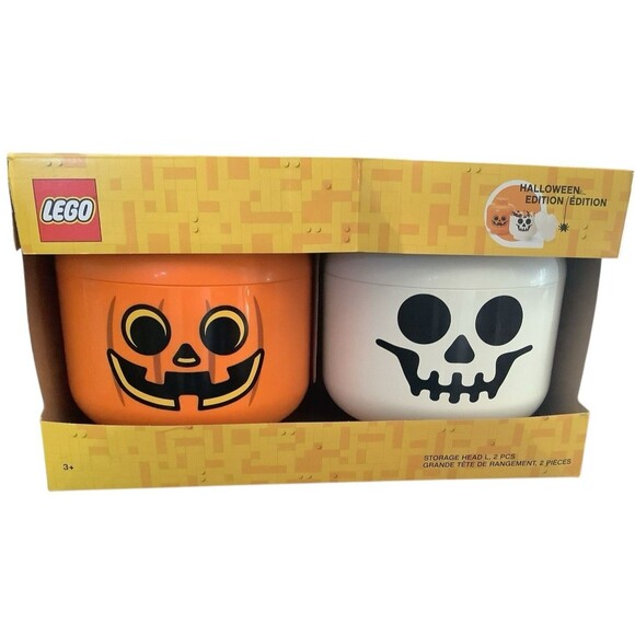 Lego Halloween Storage Heads Jack O Lantern & Skeleton Set Of 2 Orange White - Picture 1 of 4
